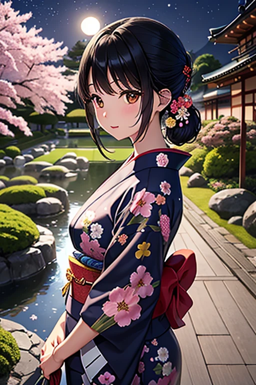 highest quality, expensive_solve, clear_image, Detailed Background ,Cute woman in her 20s, Japanese Kimono、紺色の生地にflower柄模様,flower,Japanese Gardens,Moonlit Night,Black Hair、