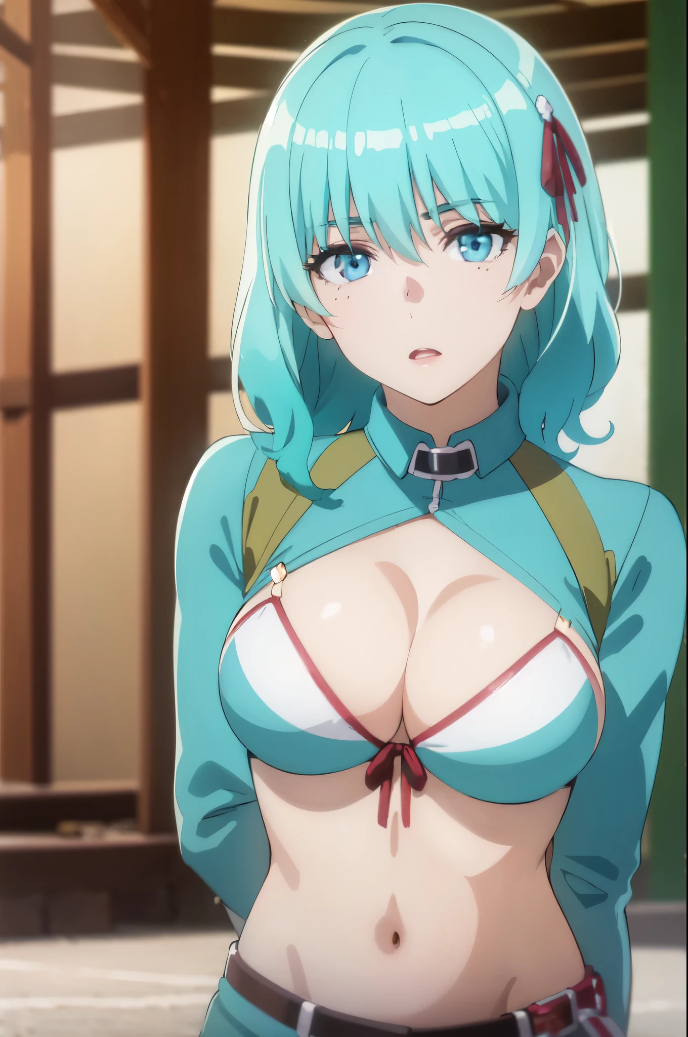 aqua hair, medium hair, blue eyes,photorealistic, (4k), (upper body), depth of field, (Masterpiece), (realistic skin texture), highly detailed, intricate, highly detailed, (upper body), professional photography, cover-up, bokeh, high resolution, sharp details, best quality,((bikini))