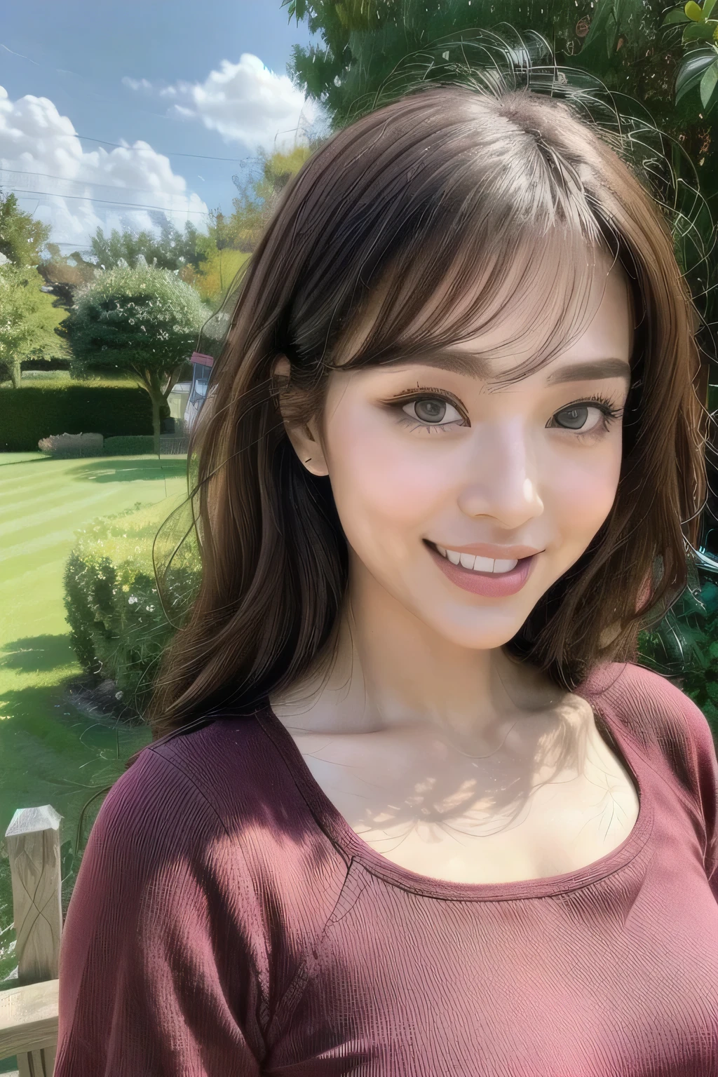 (8k, RAW Photos, highest quality, masterpiece, Realistic, Realistic), (1 female), (Ultimate beauty), Highly detailed face, (Perfect Teeth), Beautiful Eyes, double eyelid, eyelash, smile, Lip details, Brunette Bob, The light shines on your face, Big Breasts, ((T-Shirts)), ((Upper Body)), (background: garden), ((Written boundary depth))