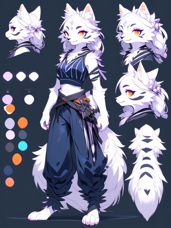( Absurdly , High quality , ultra detailed ) ,( hand detailed ) , 1girl, solo, mature, (concept art, character sheet), absurdres(highly detailed beautiful face and eyes)perfect anatomy Solo, sfw, Young Female white fox-cat (((lean-body))) (((medium breasts))) (short snout),(((fur (black stripe) between neck and shoulder towards chest))) ((fur (black stripes) on waist))(ears are darker), (heterochromia (orange, violet)), (cat tail (black at end)), (white hair (single-braided)), (fantasy adventure type clothing ((violet shirt (crop top))), (((navy-blue belt) pants)), happy ((looking at viewer)) ((Female wolf)) (detailed eyes) (clevedge, (collarbone, shoulders), (solo, (1girl)) ((((fluffy white fur)))) ((extremely detailed fur)) (violet crop top) ((hair in face)) (big braid), sfw, (thin long tail) (heterochromia) (extremely detailed eyes) joyful (full body) (toes exposed) (((concept art, character sheet, (multiple views)))) (orange and violet eyes)