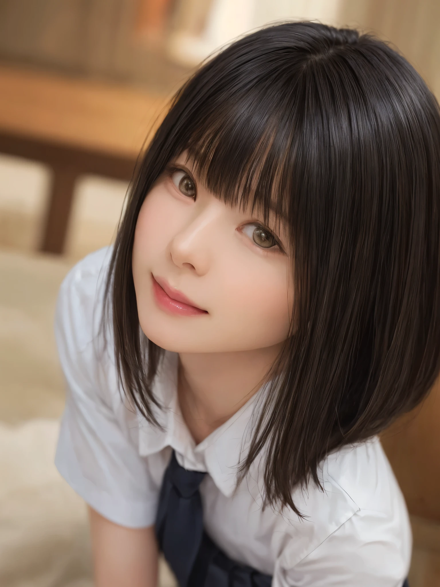 (masterpiece:1.3), (Realistic, RAW Photos, highest quality: 1.4), (One Girl), Beautiful Face, (超Realistic Face、シンメトリーのBeautiful Face), (Black Hair, short hair:1.6、bangs:1.3), Beautiful hairstyle, (Realistic eyes), Beautiful details, Long eyelashes, (Realistic Skin), Beautiful Skin, [Big Breasts:1.3], (Perfect body:1.3), (Detailed body:1.2), (tie), (Collared shirt, Pleated skirt:1.3), Absurd, charm, Ultra-high resolution, Ultra-realistic, Very detailed, Golden Ratio,Very cute beautiful woman、28 years old