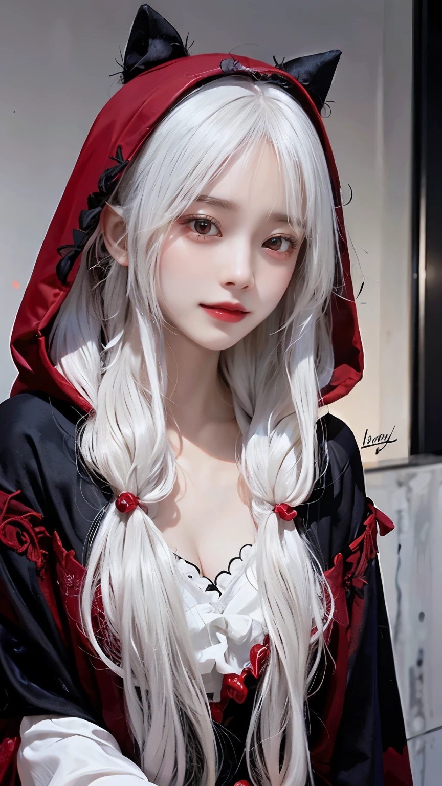 Long white hair - Red eyes - Black hair accessory - Hoodie - Elegant - Mysterious - Less revealing - Modest - Unique - Smiling face - Attractive - Presence