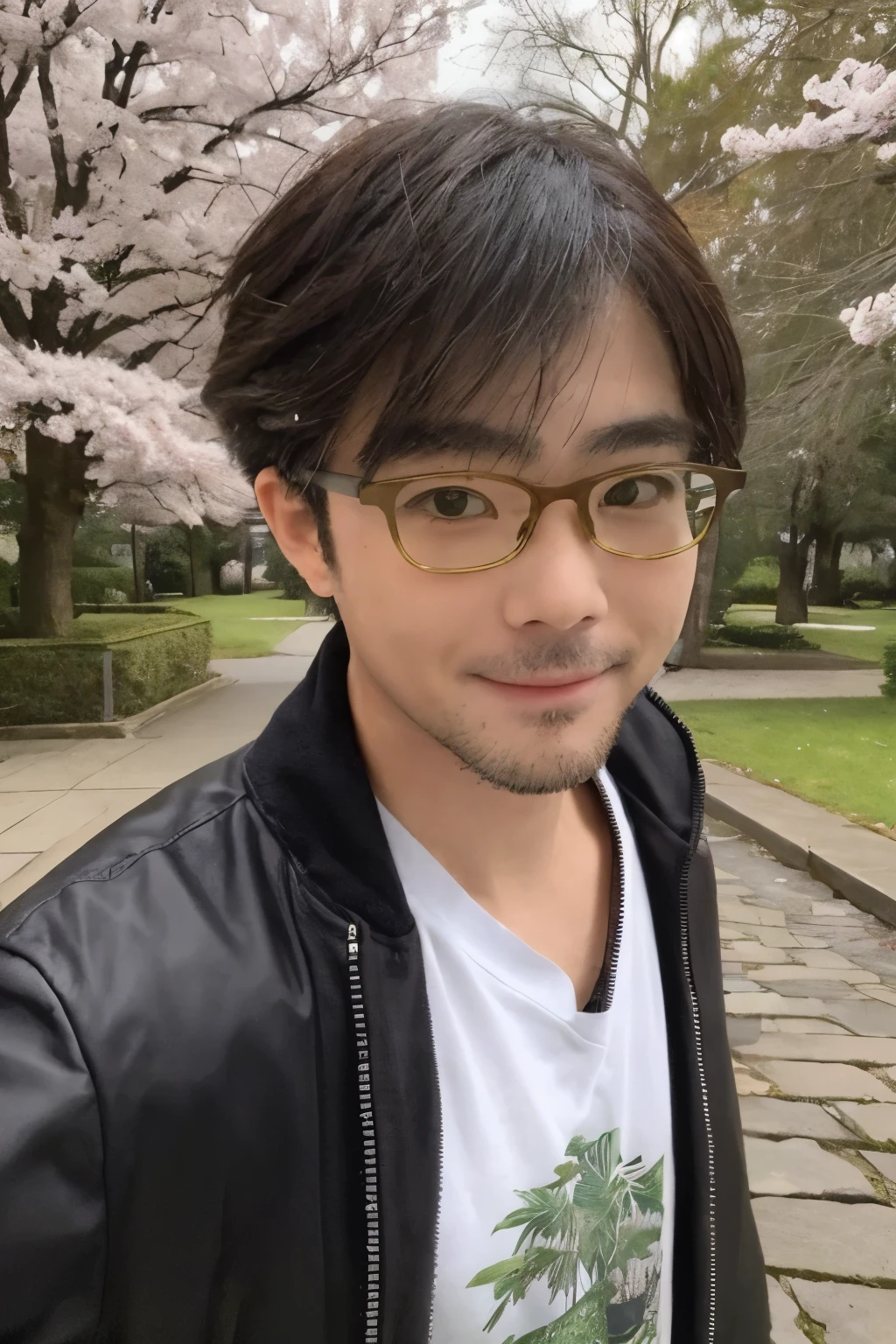 A man wearing glasses、Create a scene of enjoying a walk in a botanical garden as spring approaches.。He had his hair shaved.、like々Makes a good impression。His outfit is an anime shirt、Printed with bright spring colors and characters。He wears glasses.、It creates an intellectual atmosphere。The beautiful scenery of the botanical gardens spreads in the background.、Spring flowers and green leaves add color.。As he walked, he enjoyed the surrounding vegetation.、They have a smile or an interested look on their face.。His pose is relaxed and、Maintains a natural posture。The generated image is、Combining spring weather with an attractive image of a man wearing glasses、It is hoped that the viewer will experience the feeling of a pleasant stroll.。