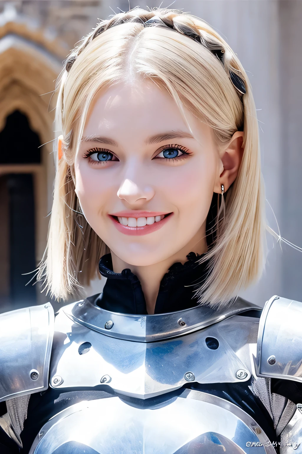 8K、highest quality、female knight、Luxurious Silver Armor、、hairstyle short cut、smile、beautiful teeth、full body photo、ear piercing、blonde、white woman、blue eyes、heavy makeup、The background is inside the castle