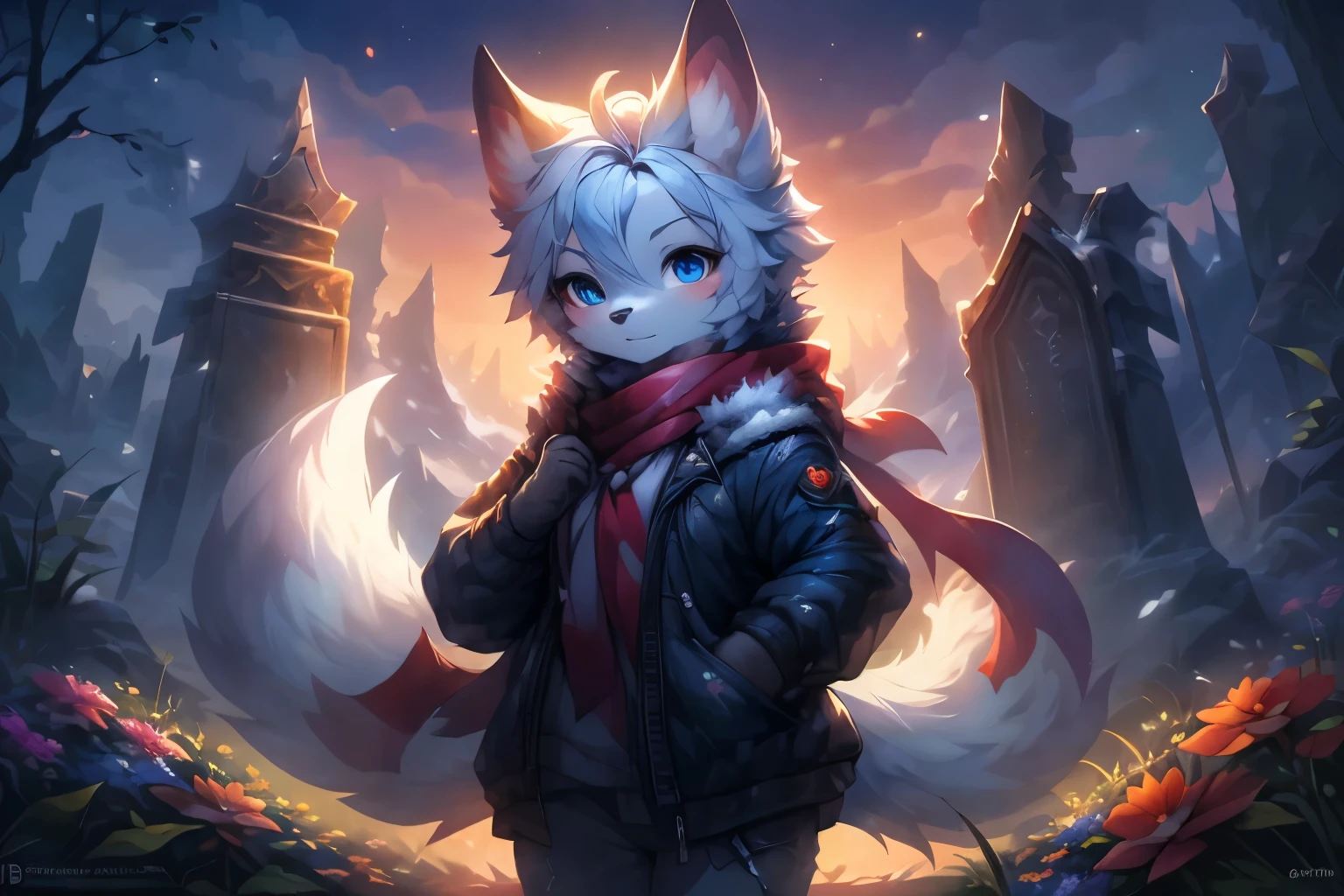 (masterpiece,best quality),(furry),kitsune,cute,female,blue eyes,(winter_clothes:1.1),(down jacket:1.1),(striped_scarf:1.1),blue fur,white fur,snowflake_hair_ornament,wand,posing,front view,dynamic_angle,wide_shot,(flower),in winter,star_trail,beautiful detailed glow,(detailed ice:1.4),(detailed snow:1.2),rubble_ruins,