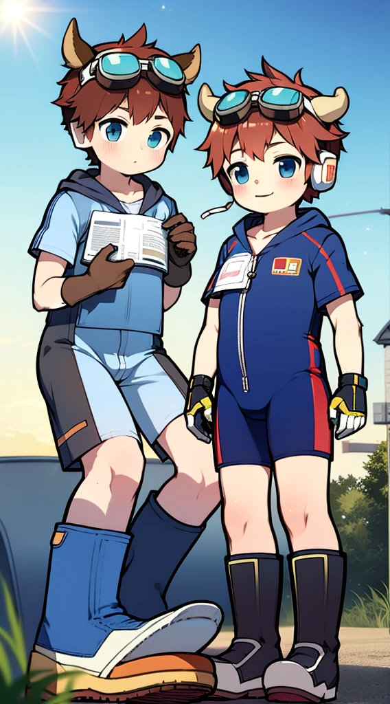 2D Boy Shota Boy，One-piece mountaineering suit，Put the headphones on your head，Standing，Goggles，Horns，Cow ears，sports shoes，White stockings，happy，boots，Sailor collar