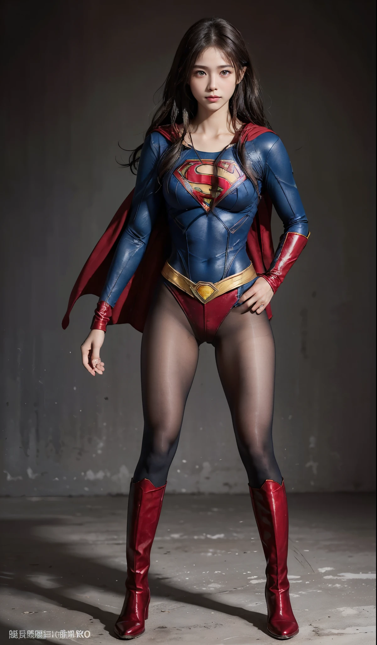 No background、(((Beautiful legs in black tights.)))、(((Legally express the beauty of your smile)))、((((Make the most of your original images)))、(((Supergirl Costume)))、(((Beautiful Hair)))、(((suffering)))、(((Please wear black tights....、Wear red boots)))、((Best image quality、8K))、((highest quality、8K、masterpiece:1.3))、(((Preserve background )))、Sharp focus:1.2、Beautiful woman with perfect figure:1.4、Thin abdominal muscles:1.2、Wet body:1.5、Highly detailed face and skin texture、8K