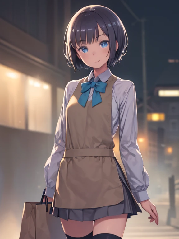 (masterpiece: 1.1), (highest quality: 1.0), (Super Resolution: 1.0), (8k resolution: 1.2), (Realistic: 1.0), (ultra detail 1:0), (Clear focus 1:0), (Original photo: 1.1), (Lighting: 1:1), Professionally digitally painted detailed reflective eyes, (One girl:1.3), ((Ronnier Allabelle, short hair, blue eyes, ronnier uniform, Long sleeve, , Grey Skirt, Black knee socks)), A small smile, Face Focus, Upper Body (walking with a brown paper bag)