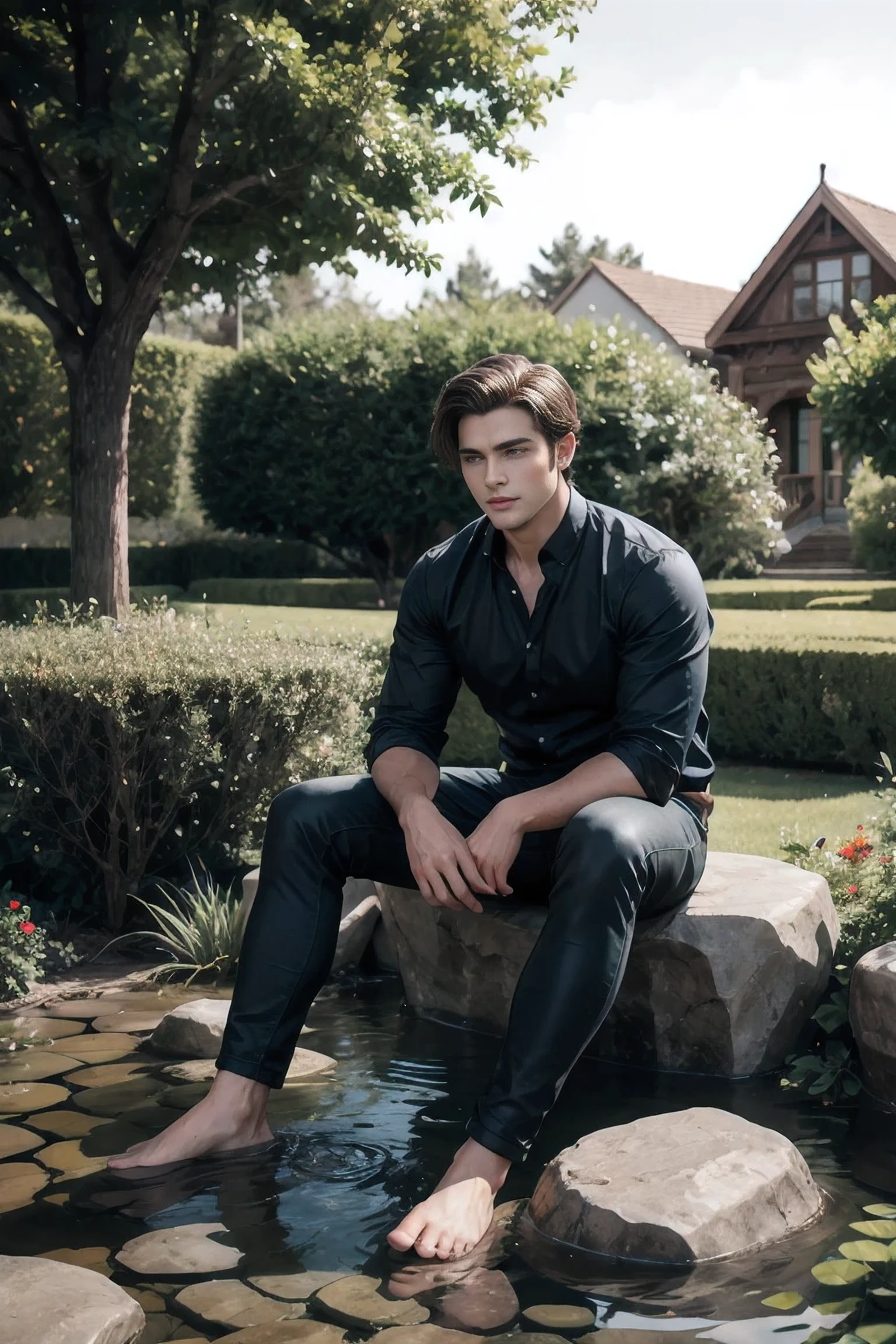 Realistic Photography , Solo Handsome Men, sitting on a Rock floating in colorful garden