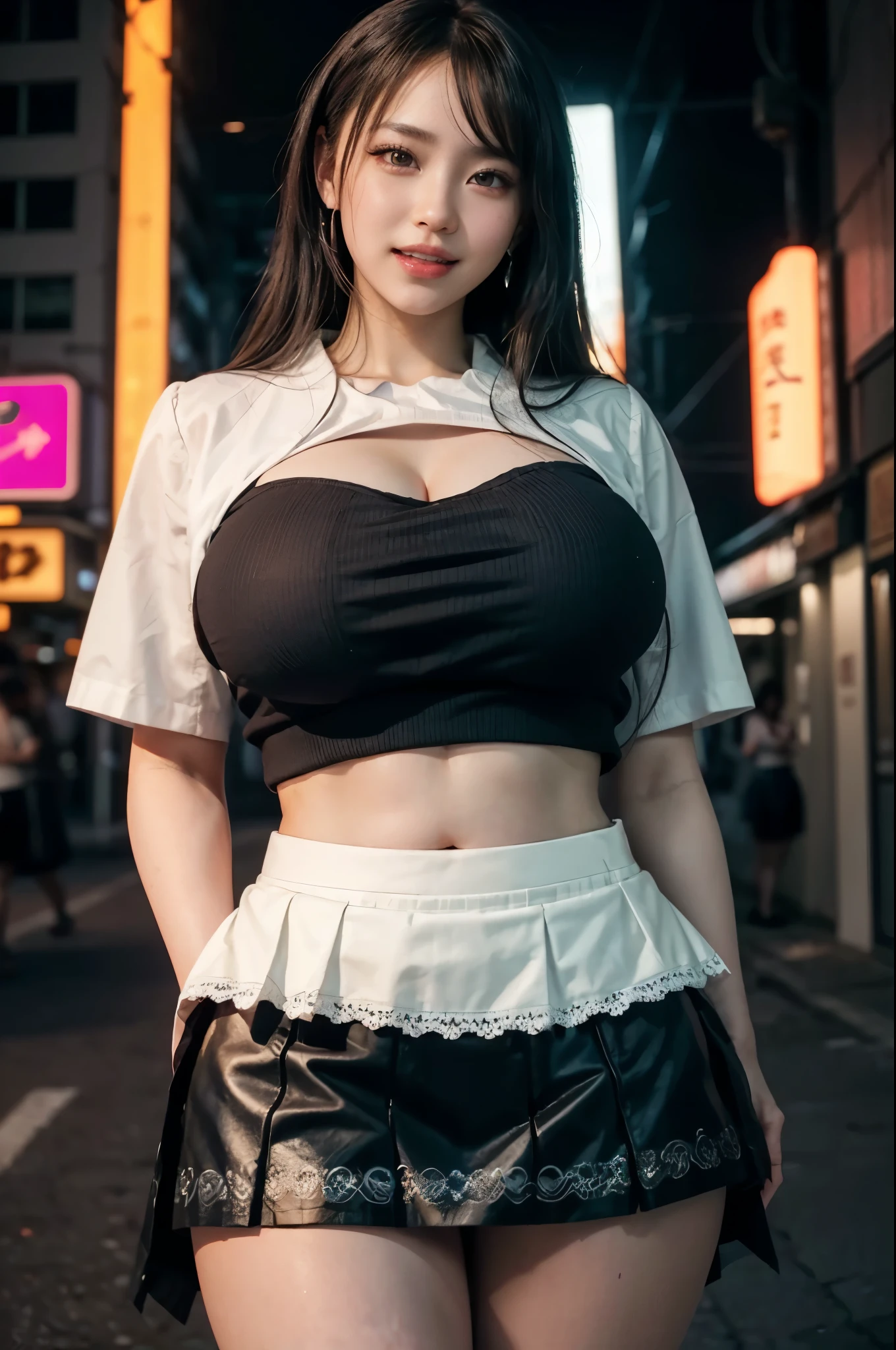 (RAW photo), (Realistic), (photo-realistic), ultra high resolution, masterpiece, highest quality, perfect lighting, detailed lighting, dramatic shadow, ray tracing, 1 Japanese beautiful girl, Voluptuous, cleavage, symmetrical eyes, beautiful detailed eyes, chubby lips, red lips, Super high resolution perfect beautiful teeth, big tits, big ass, big thick thighs, long straight hair, black hair, earrings, half open mouth, smiling, looking at viewer, ((Wearing a white blouse)), ((Black mini Skirt)), (((skirt lift:1.8))), ((black lace panties)), ((cyberpunk city)), ((night)), ((neon lights)), standing pose,