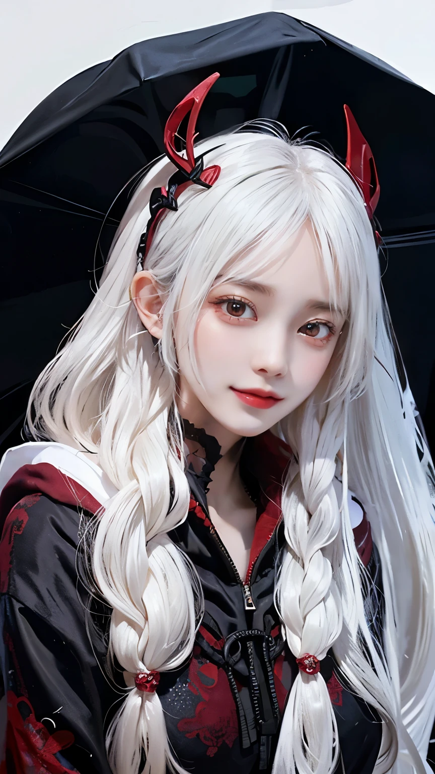 Long white hair - Red eyes - Black hair accessory - Hoodie - Elegant - Mysterious - Less revealing - Modest - Unique - Smiling face - Attractive - Presence