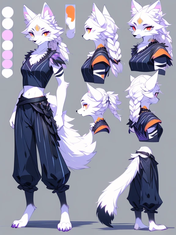 ( Absurdly , High quality , ultra detailed ) ,( hand detailed ) , 1girl, solo, mature, (concept art, character sheet), absurdres(highly detailed beautiful face and eyes)perfect anatomy Solo, sfw, Young Female white fox-cat (((lean-body))) (((medium breasts))) (short snout),(((fur (black stripe) between neck and shoulder towards chest))) ((fur (black stripes) on waist))(ears are darker), (heterochromia (orange, violet)), (cat tail (black at end)), (white hair (single-braided)), (fantasy adventure type clothing ((violet shirt (crop top))), ((navy-blue belt)) ((skirt and pants)), happy ((looking at viewer)) ((Female wolf)) (detailed eyes) (clevedge, (collarbone, shoulders), (solo, (1girl)) ((((fluffy white fur)))) ((extremely detailed fur)) (violet crop top) ((hair in face)) (big braid), sfw, (thin long tail) (heterochromia) (extremely detailed eyes) joyful (full body) (toes exposed) (perfect anatomy) (((concept art, character sheet, (multiple views)))) (orange and violet eyes)