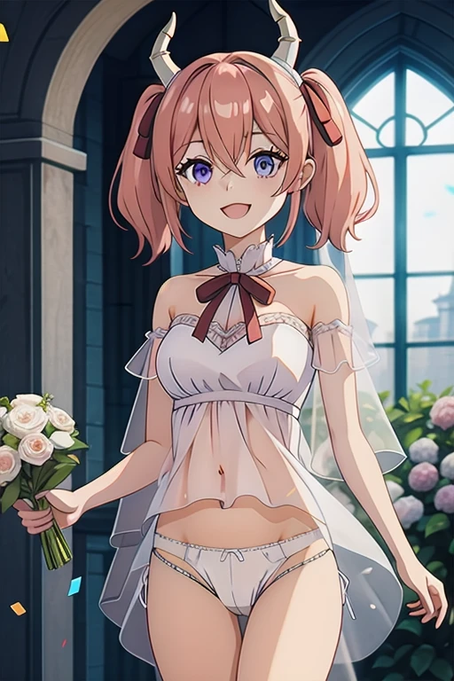masterpiece, best quality, highres, wedding dress, white dress, garden, holding bouquet, confetti,Shoulder Bare、midriff peek、bare legs、very Long veil、(She showed off her white panties:1.5)、Open your mouth、smile、((Glowing Skin;1.2))、cameltoe、linier、lineye,
short twintails,hair between eyes,pink hair,medium hair,demon horns,dark red hair ribbon,pointy ears,purple eyes