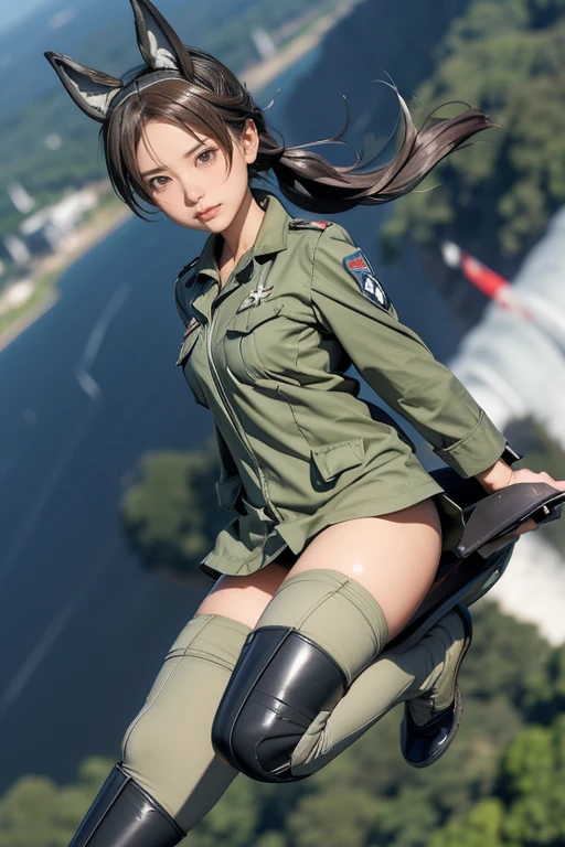 {(masterpiece,best quality, 8K UHD, extremely detailed CG, detailed beautiful face and eyes and skin and hair), (best quality face) }, {(3d ultra realistic photo graphic style:1.4)}, {(1girl free_fall from 10000m above the ground:1.2), (out of focus background:1.4)}, {1girl, 18yo, (beasts_ears),medium hair, Ponytail hair with braids, forehead}, {(strike witches:1.4),(military shoes:1.2), (thigh-high socks),navel}, {(cheerful:1.3), (candid shot)}, {(bring knees forward:1.1), (inner thighs showing pose:1.2)}