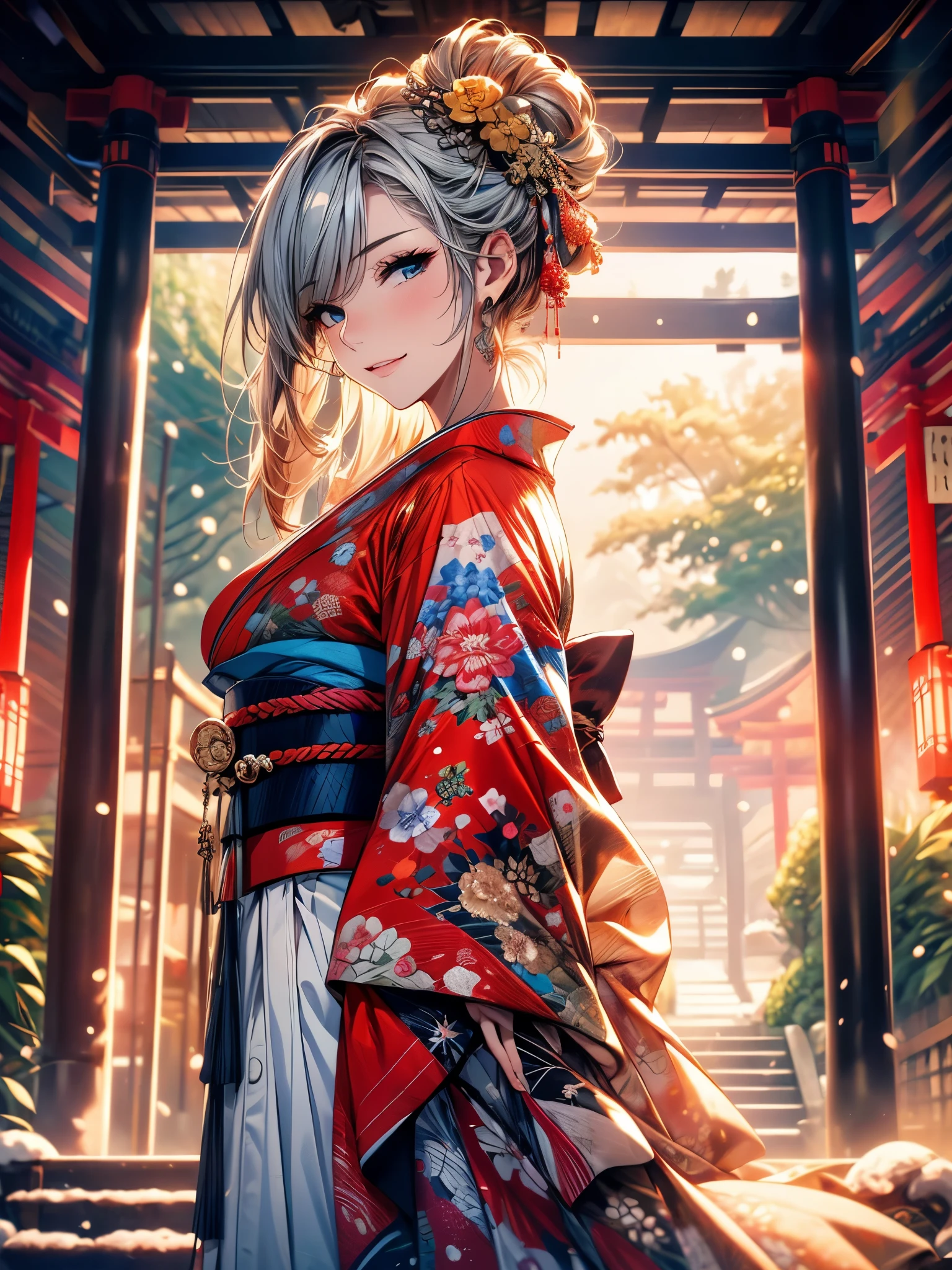 28 years old, Sexy body, Slim body, Silver hair fades to light blue tail, hair covering one eye, /Asymmetrical hair, /half bun hair, /half updo half up half down, /Medium Length Hair, /long wavy hair, blue eyes, break, Japanese clothes, kimono, neat kimono, Zen garden in Japanese temple, In front of the torii gate, New Year Visit, hands together, Pray for the future, Smile, In winter, Snow covered ground, There is snow, snowflake, Dynamic Angle, from the side, (Correct anatomy, Ideal body proportions), (/A night under the stars, /In the morning, under the holy light), break, high resolution, original photo, Photorealism, Stay focused, (natural lighting, Textile shading), Detailed background, Perfect layer cut, Focus on the eyes, (milf:1.5), Depth of Field, Bokeh, cowboy shot, ray tracing, masterpiece, best quality, 8K, retina, masterpiece, ccurate