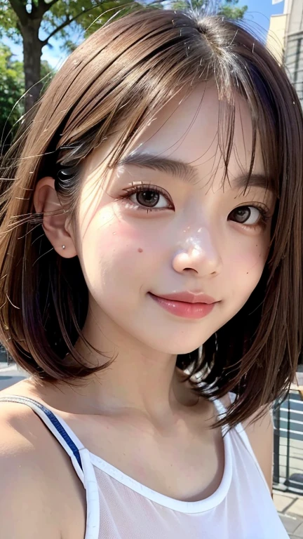 (((Definitely shoulder-length brown straight curly hair)))、(((She is posing like a hair salon model with a summer park in the background.)))、(((Random and cute street fashion)))、Close-up of face、Half Japanese, half Korean、18 year old girl、Standing Alone、Looking forward、Light eye makeup、Brown Hair Color、Flat and 、Hair blowing in the wind、Actress Quality、Glossy, ultra-realistic face、Smiling face、Watery eyes、Gazing Up、Subtle lighting effects、 Ultra-Realistic Capture、Very detailed、High resolution 16K close up of human skin。Skin texture must be natural、The details must be such that pores can be clearly seen、The skin is healthy、Uniform tone、Use natural light and colors、High quality images taken by a model agency's exclusive photographer、smile、(((SIGMA 300 mm F/1.4,1/1000 sec shutter,ISO 400)))