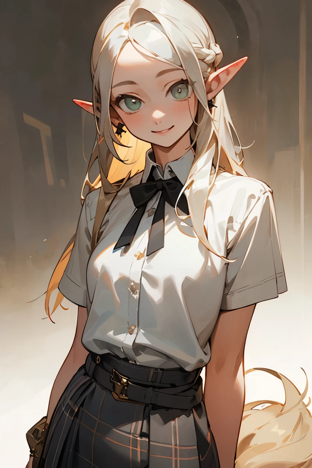 (masterpiece, best quality) detailed,silver accessories , Blonde ,elegant, Pointed ears ，White shirt，shorts，Double tail，Waist-length hair，Smile，Plaid skirt