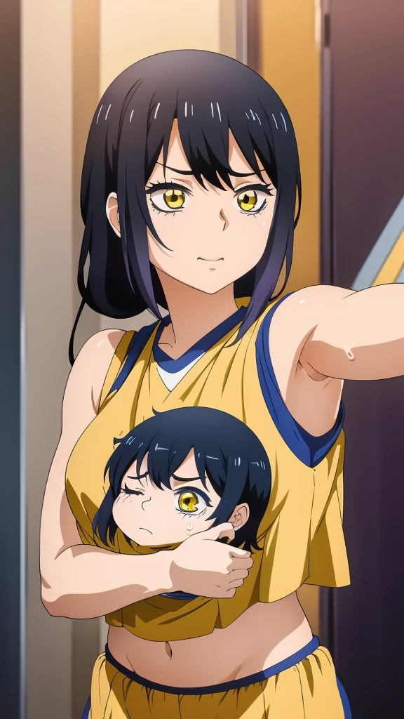 a close up of a person wearing a basketball uniform, a picture, inspired by Kentaro Miura, trending on pixiv, Yotsuya Miko, Mieruko chan,red eyes,long hair, wearing yellow nba jersey, yellow croptop nba jersey, wearing a low cut croptop, wearing croptop, croptop, written "Lakers" on the croptop, golden raito, (winking), shirobako, large)}], favorite scene, fine details. anime. skins, sweating, big breasts, both hands raised, armpits, armpits visible, dripping with sweat, more more sweat, sweaty armpits, smile