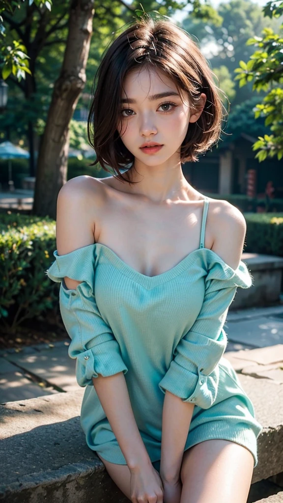 bare shoulders, detailed (((loose))) cyan shirt, Ideal breasts, shagging breast, stunningly beautiful, mint bob hair, blush, humble, park background, half body portrait, highly detailed. Cinematic lighting, nsfw 1:27