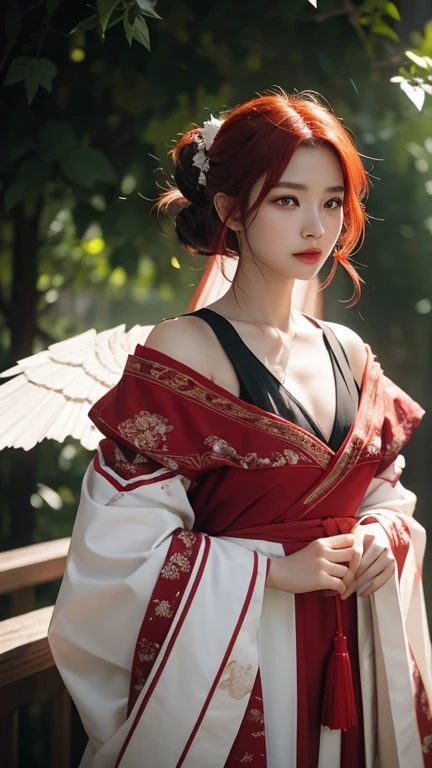 masterpiece, best quality, ultra-detailed, CG illustration, high resolution, better lighting, best shadow, extremely delicate and beautiful, appropriate shading, HD, 8k, ray tracing, hyper detailed and sharp background, perfect lights, anime style, Inspired by the game Mahokenshi: House of Ruby (Tengu, winged mountain kami, aggressive, red and white colors), strength, samuraipunk, solo, 1 Malay woman, red hair, red eyes, adult, obi tassel,