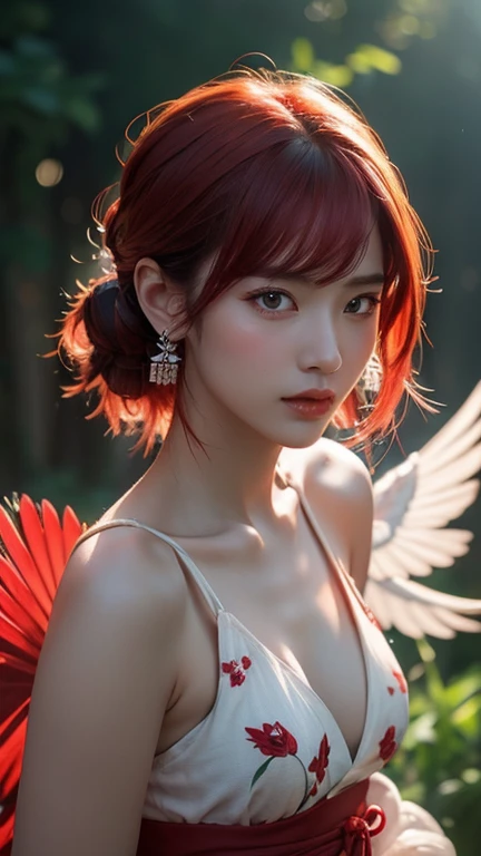 masterpiece, best quality, ultra-detailed, CG illustration, high resolution, better lighting, best shadow, extremely delicate and beautiful, appropriate shading, HD, 8k, ray tracing, hyper detailed and sharp background, perfect lights, anime style, Inspired by the game Mahokenshi: House of Ruby (Tengu, winged mountain kami, aggressive, red and white colors), strength, samuraipunk, solo, 1 Malay woman, red hair, red eyes,  adult, obi tassel,