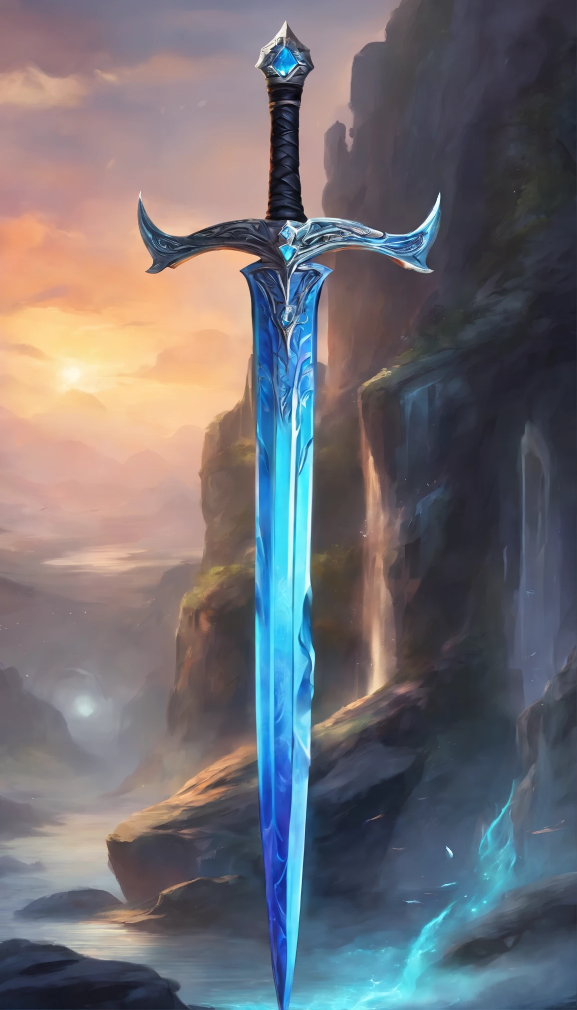 a long sword with a black hilt, blue crystal bladedetails