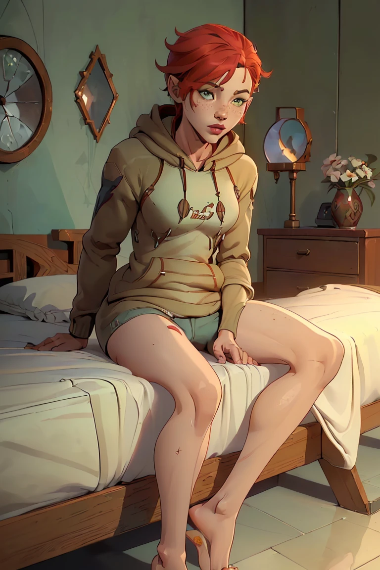 (((2 characters))), ((1guy, jon, a young guy in his 30s with asymmetric very short brown hair, green eyes, a flat nose, smooth skin, slim athletic body)), ((1girl, jennifer lawrence, 1girl, red haired chubby pale girl, green eyes, freckles, half asymetric red hair, cute, nude, small height, stain lipstick, long eyelashes, primer, cream eyeline, ((small breasts)), cute, beautiful, realistic style, highly detailed, 4k, look at camera, highly detailed face,(((full-body))), ((((wearing hoodie, bare legs)))), sitting on bed