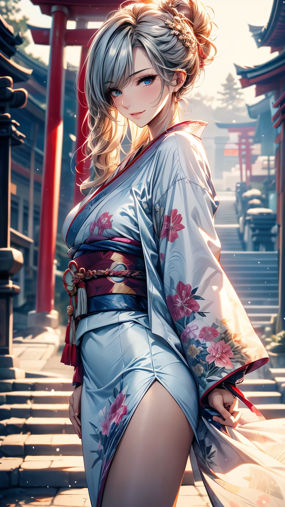 28 years old, Sexy body, Slim body, Silver hair fades to light blue tail, hair covering one eye, /Asymmetrical hair, /half bun hair, /half updo half up half down, /Medium Length Hair, /long wavy hair, blue eyes, break, Japanese clothes, kimono, neat kimono, Zen garden in Japanese temple, In front of the torii gate, New Year Visit, hands together, Pray for the future, Smile, In winter, Snow covered ground, There is snow, snowflake, Dynamic Angle, from the side, (Correct anatomy, Ideal body proportions), (/A night under the stars, /In the morning, under the holy light), break, high resolution, original photo, Photorealism, Stay focused, (natural lighting, Textile shading), Detailed background, Perfect layer cut, Focus on the eyes, (milf:1.5), Depth of Field, Bokeh, cowboy shot, ray tracing, masterpiece, best quality, 8K, retina, masterpiece, ccurate
