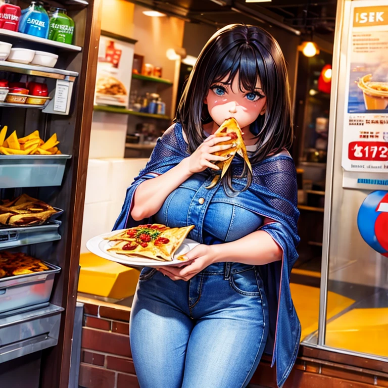 Woman in denim jeans under poncho eating quesadilla at mexican food stall Tight clothing highest quality