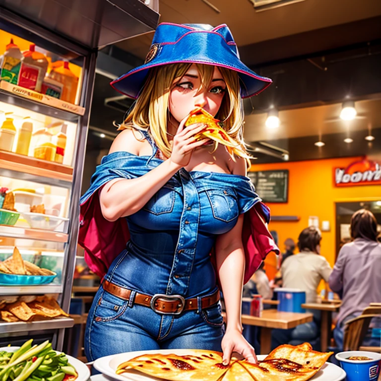 Woman in denim jeans under poncho eating quesadilla at mexican food stall Tight clothing highest quality