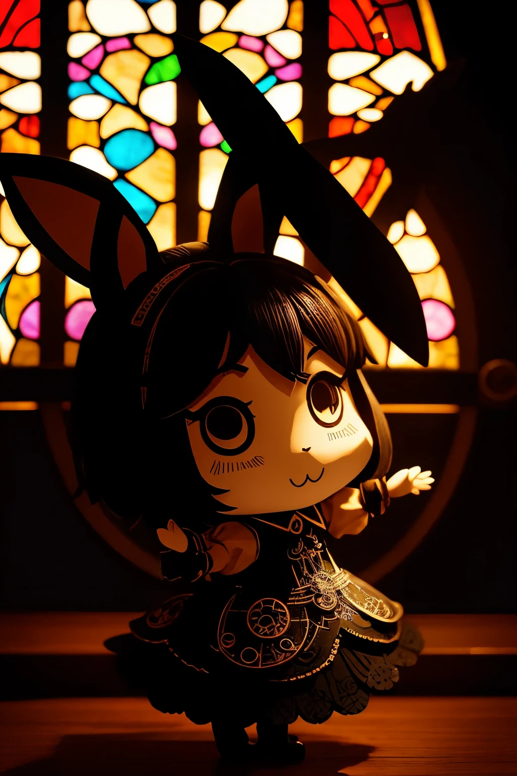 chibi, best quality, paper puppet theater, black paper shadow puppets, rabbit, cat, girl, background stained glass, steampunk, dieselpunk, clockpunk, Grimm, Andersen, Aesop