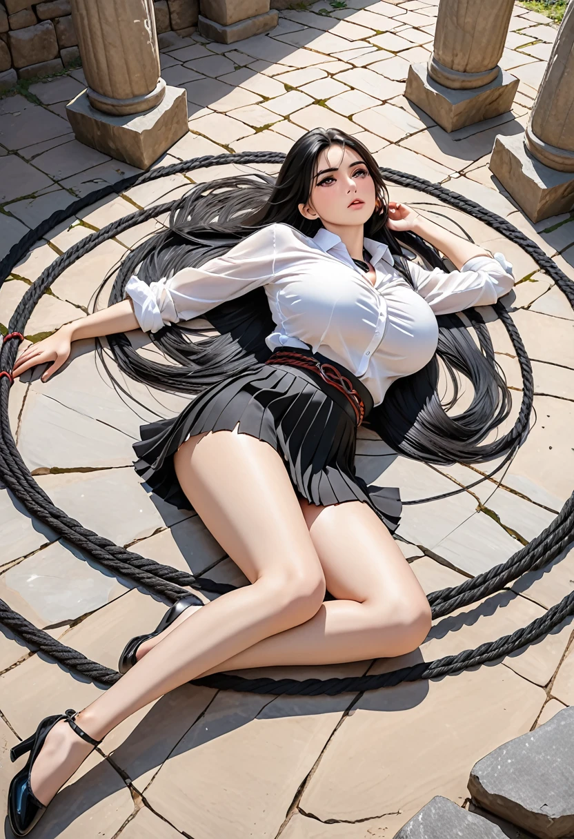 Italian girl, 25 years old, very long black hair, gigantic breasts, thin, wearing a torn white shirt and a black pleated miniskirt, she is lying on a stone of a megalithic circle, her arms and legs are tied with ropes to the altar, she has a slave collar