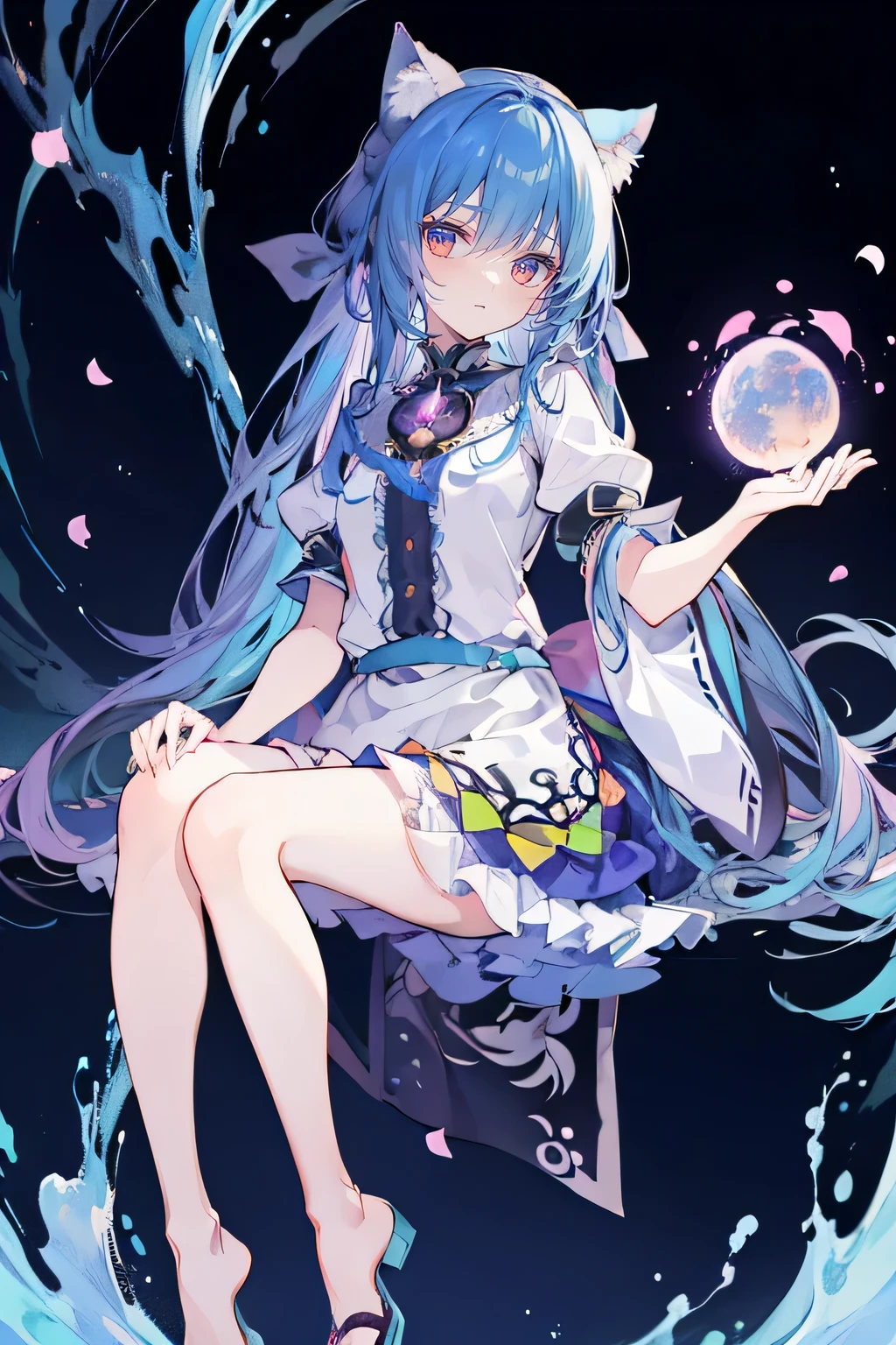 (best quality,4k,8k,highres,masterpiece:1.2),ultra-detailed,realistic,expressive eyes,fair-skinned,perfectly shaped face,1girl,
Japanese cartoons,Gorgeous blue hair, flowing blue hair,floating clothes,cat ears,petals falling,beautiful Lola,Hina Angel,
hands on waist,gracefully sitting on the ground,legs crossed,gentle and serene background,cool and comfortable pavilion,night ,smile. 1 girl with pale pink hair, long wavy hair, light blue eyes, black and white dress, galaxy, nebula, meticulous eyes, perfect full body shot, academy-style magic, upper-body image, confidence, bright stars.