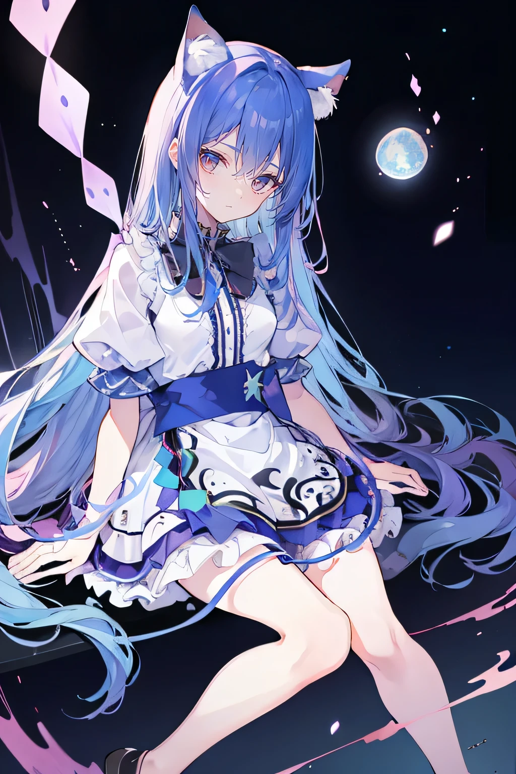 (best quality,4k,8k,highres,masterpiece:1.2),ultra-detailed,realistic,expressive eyes,fair-skinned,perfectly shaped face,1girl,
Japanese cartoons,Gorgeous blue hair, flowing blue hair,floating clothes,cat ears,petals falling,beautiful Lola,Hina Angel,
hands on waist,gracefully sitting on the ground,legs crossed,gentle and serene background,cool and comfortable pavilion,night ,smile. 1 girl with pale pink hair, long wavy hair, light blue eyes, black and white dress, galaxy, nebula, meticulous eyes, perfect full body shot, academy-style magic, upper-body image, confidence, bright stars.