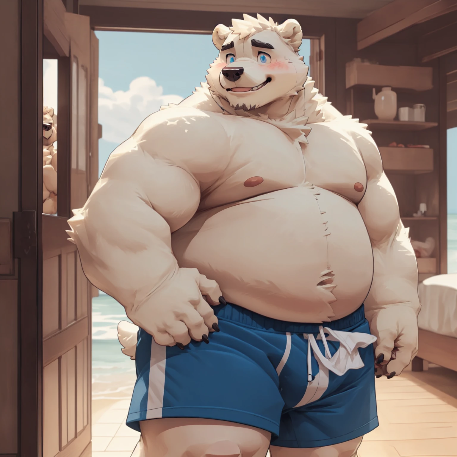 New Jersey 5 Furry,polar bear,portrait,Exquisite, Chubby,Fat,Thick arms,Rugged muscles,Topless,White plush fur,Chubby脸,Black eyebrows,Sky blue eyes,Beard,bedroom,floor,(Beach Shorts),Cover,Cover下身,blush,Shy smile