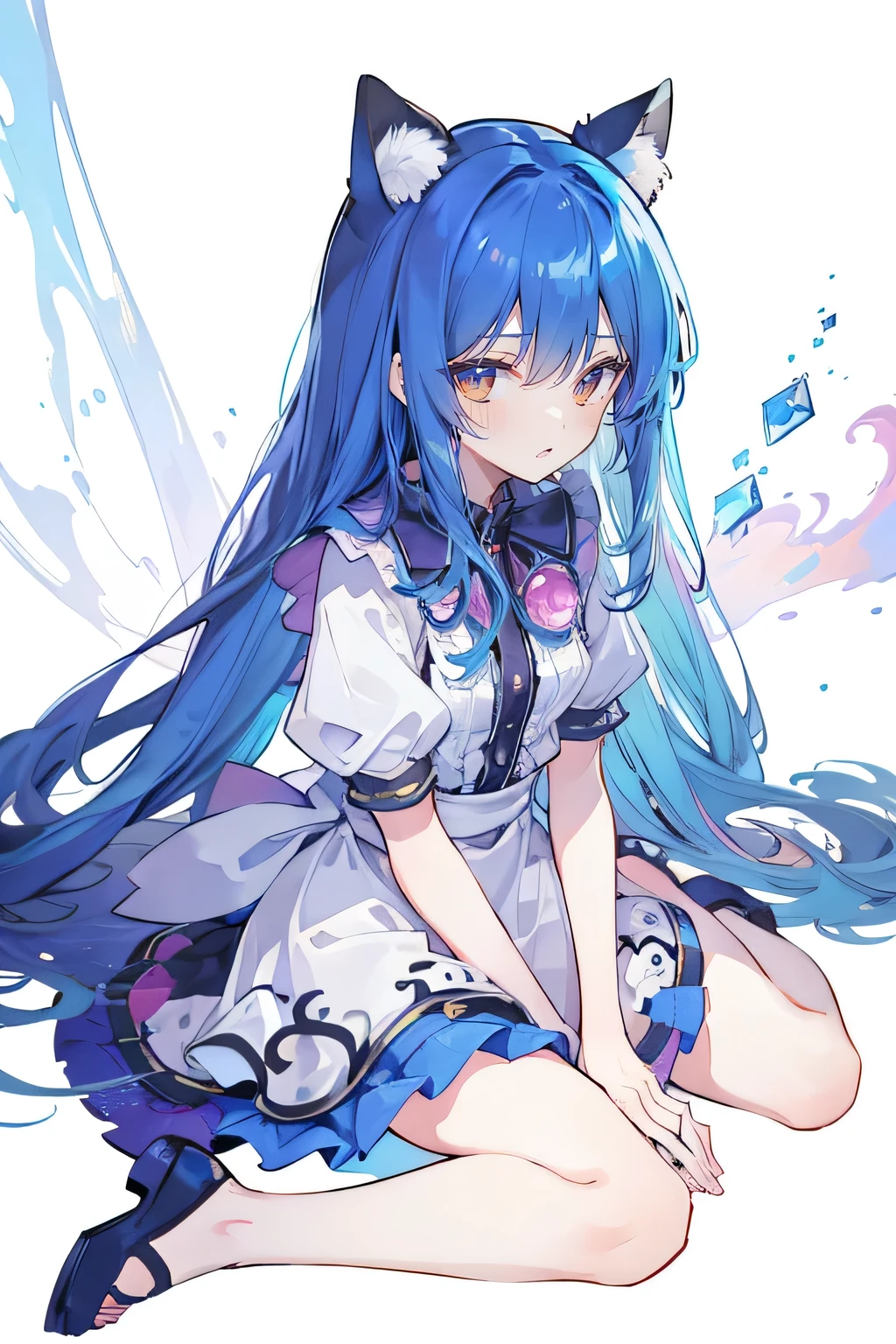 (best quality,4k,8k,highres,masterpiece:1.2),ultra-detailed,realistic,expressive eyes,fair-skinned,perfectly shaped face,1girl,
Japanese cartoons,Gorgeous blue hair, flowing blue hair,floating clothes,cat ears,petals falling,beautiful Lola,Hina Angel,
hands on waist,gracefully sitting on the ground,legs crossed,gentle and serene background,cool and comfortable pavilion,night ,smile. 1 girl with pale pink hair, long wavy hair, light blue eyes, black and white dress, galaxy, nebula, meticulous eyes, perfect full body shot, academy-style magic, upper-body image, confidence, bright stars.