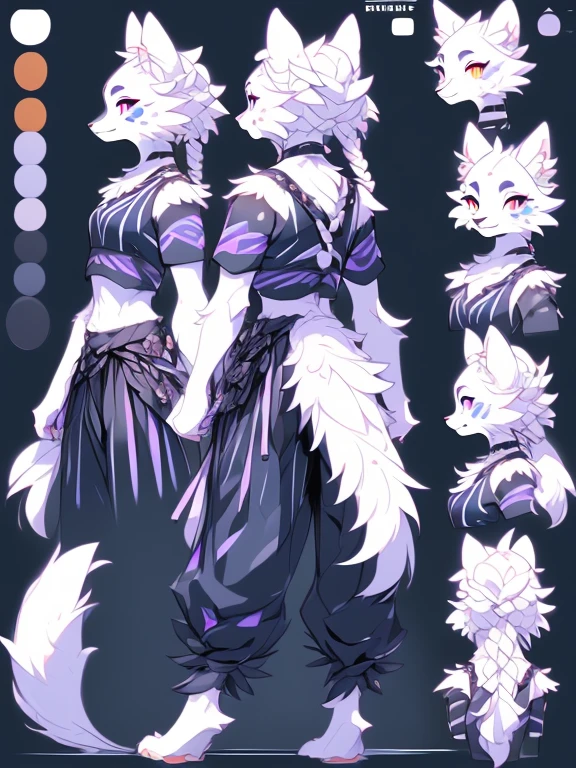 ( Absurdly , High quality , ultra detailed ) ,( hand detailed ) , 1girl, solo, mature, (concept art, character sheet), absurdres(highly detailed beautiful face and eyes)perfect anatomy Solo, sfw, Young Female white fox-cat (((lean-body))) (((medium breasts))) (short snout),(((fur (black stripe) between neck and shoulder towards chest))) ((fur (black stripes) on waist)) (ears are darker), (heterochromia (orange, violet)), (cat tail (black at end)), (white hair (single braided)), (fantasy adventure type clothing ((violet shirt (crop top))), ((navy-blue belt)) ((skirt and pants)), happy ((looking at viewer)) ((Female wolf)) (detailed eyes) (clevedge, (collarbone, shoulders), (solo, (1girl)) ((((fluffy white fur)))) ((extremely detailed fur)) (violet crop top) ((hair in face)) (big braid), sfw, (thin long tail) (heterochromia) (extremely detailed eyes) joyful (full body) (toes exposed) (tippy toes) (perfect anatomy) (((concept art, character sheet, (multiple views)))) (orange and violet eyes)