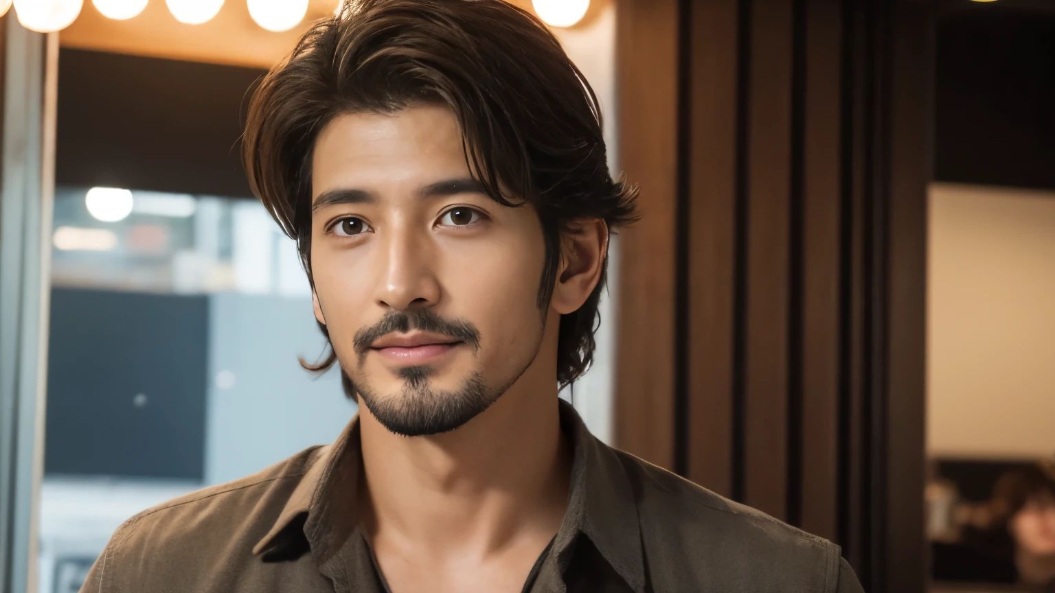 musician、A refreshing, handsome man in his 40s、(Super cool S-class boys)、Japanese male, 40 years old、、Photographed inside the cafe、a handsome guy、(CG Unity 8K high resolution photo)、(Very detailedSクラスのa handsome guy性)、(Photorealistic)、(highest quality))、Very detailed、super high quality、expensive、Audience、kind person、Very beautiful hair Perm Hair、Bright photo、Handsome like a model、Handsome like an idol、looking at the camera、Inside a stylish cafe、Stubble