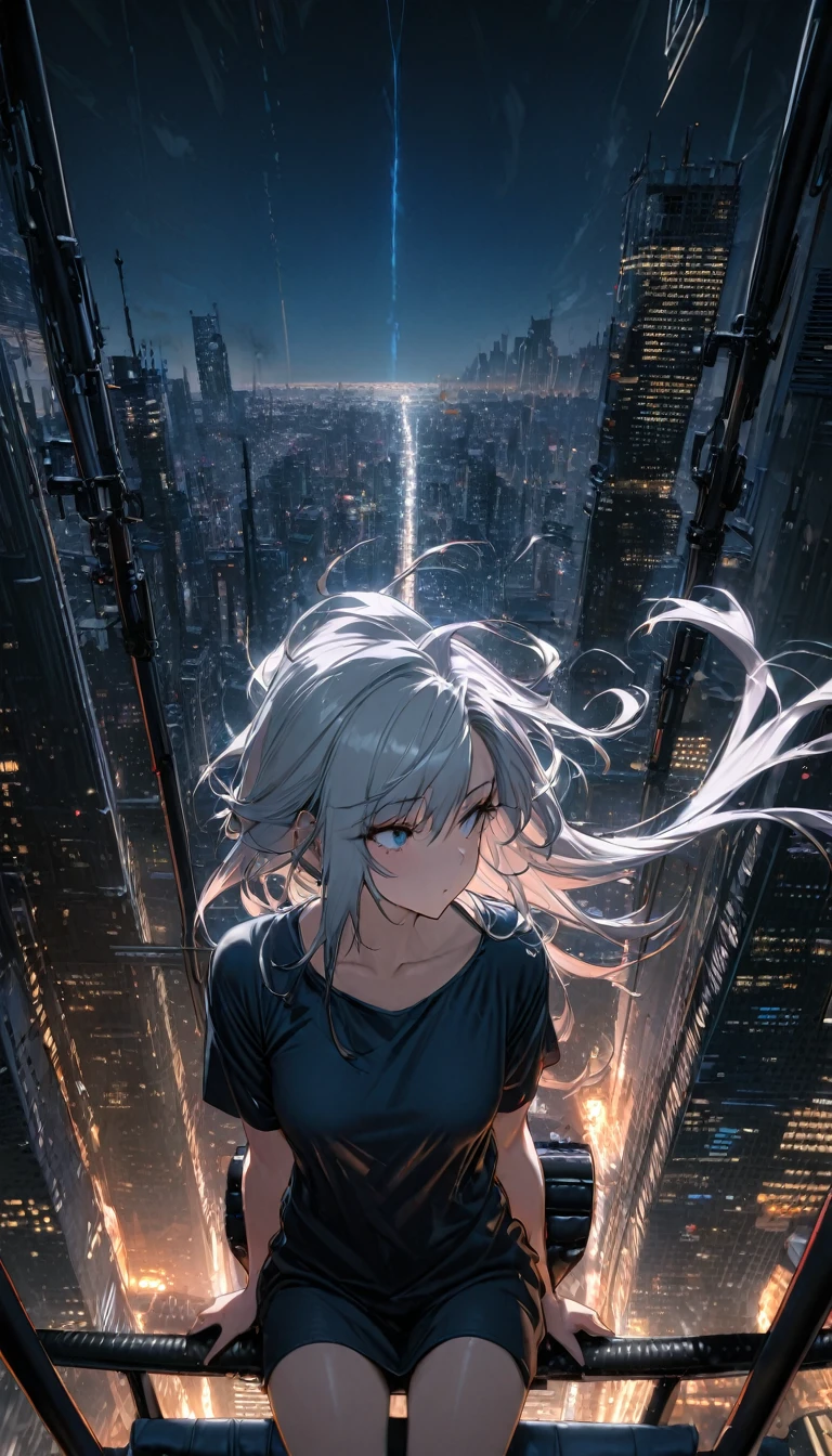 highest quality, Super quality, 16k, Incredibly absurd, Very detailed, Beautiful woman sitting on a trapeze suspended between two skyscrapers,Silver Hair、beautiful girl、Well-formed face、 Gazing into the distance, Wear a loose long T-shirt, Captivating look, Wind, Wind-effect, moonlit nightscape, (Nice views:1.1) , Heavy Metal