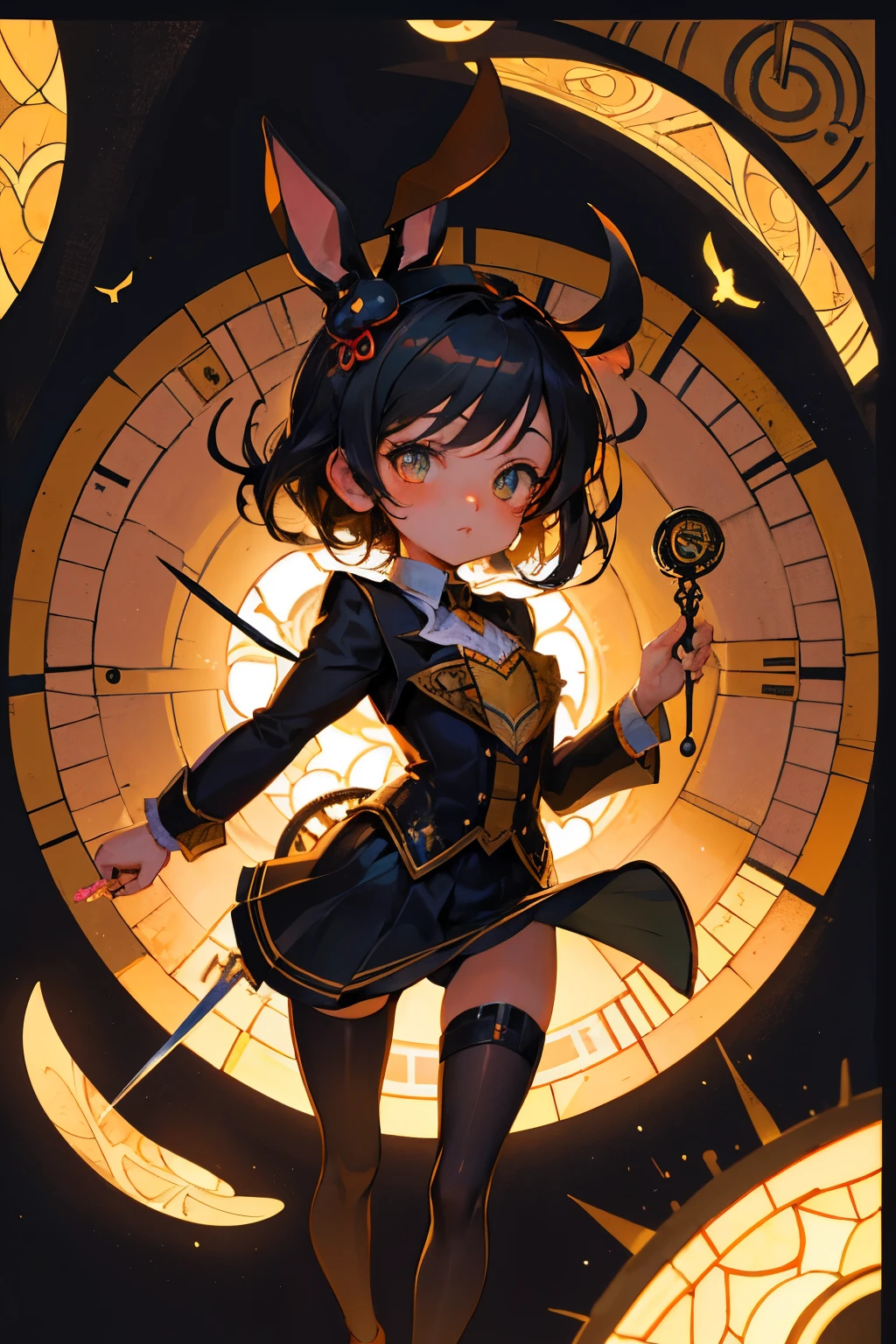 chibi, best quality, paper puppet theater, black paper shadow puppets, rabbit, cat, girl, background stained glass, steampunk, dieselpunk, clockpunk, Grimm, Andersen, Aesop