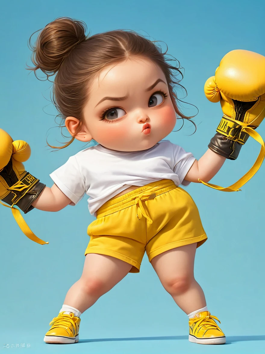 1 fat girl，Kissing in front of the camera，(one eye Close:1.6)，Wearing a simple white sweatshirtBREAK Black tie shorts，Bright yellow sneakers，Always ready for the challenge，Brown ponytail tied up high，Showing her lively and active side，The most eye-catching thing is the yellow boxing gloves she wears，(punching:1.5)，Eyes firm and bright，Revealing an unyielding fighting spirit，Light blue background，full body，chibi anime，Surrealism，cartoon Q version, by Tiago Hoisel