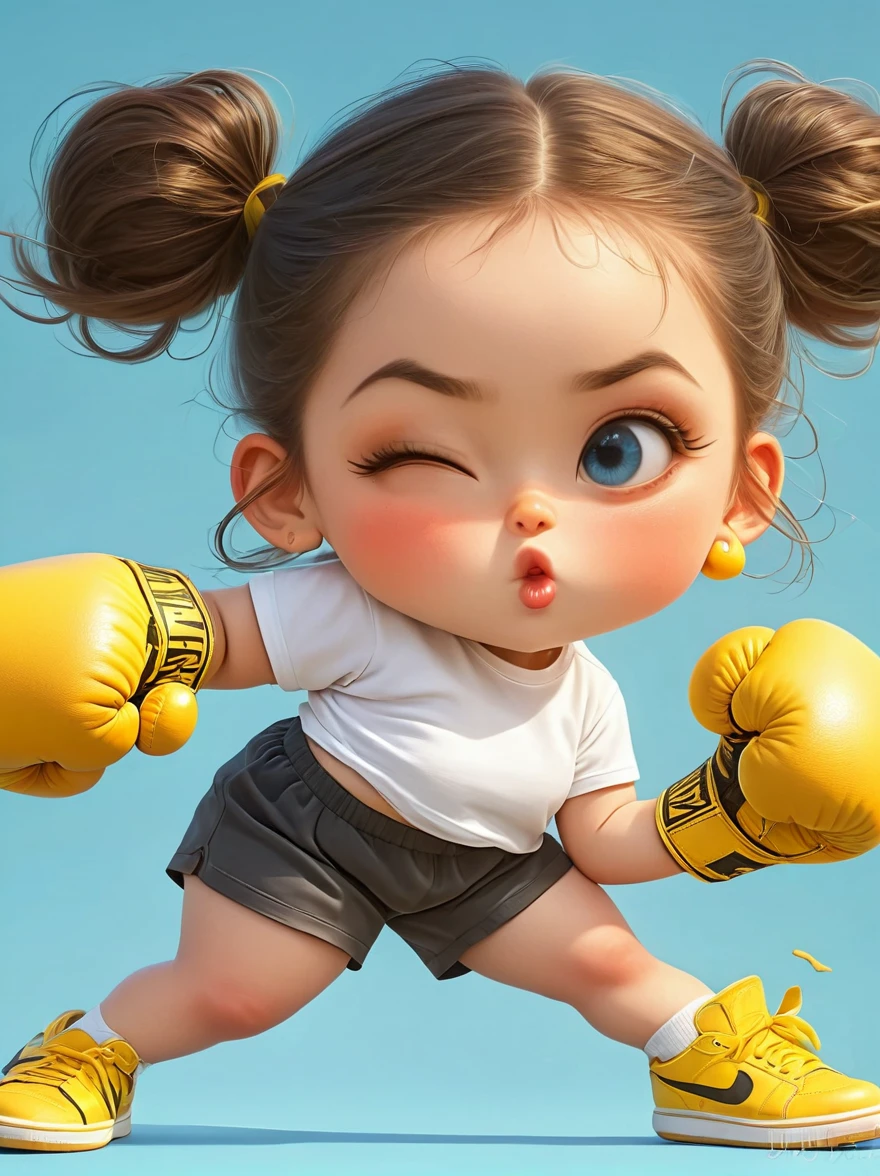 1 fat girl，Kissing in front of the camera，(one eye Close:1.6)，Wearing a simple white sweatshirtBREAK Black tie shorts，Bright yellow sneakers，Always ready for the challenge，Brown ponytail tied up high，Showing her lively and active side，The most eye-catching thing is the yellow boxing gloves she wears，(punching:1.5)，Eyes firm and bright，Revealing an unyielding fighting spirit，Light blue background，full body，chibi anime，Surrealism，cartoon Q version, by Tiago Hoisel