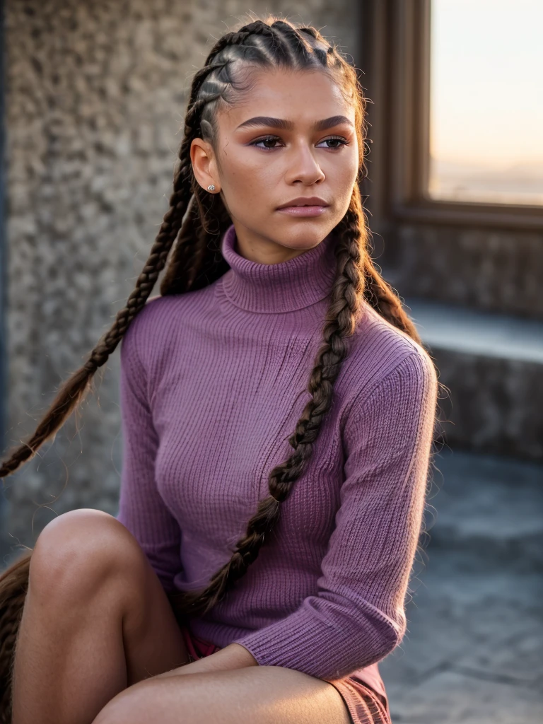 znd,braid hair,(close-up),sitting,(wearing turtleneck sweater),sunrise,dof,volumetric lighting,masterpiece,extremely detailed,cinematic