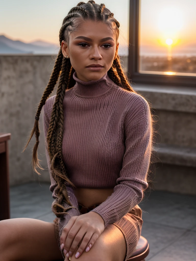 znd,braid hair,(close-up),sitting,(wearing turtleneck sweater),sunrise,dof,volumetric lighting,masterpiece,extremely detailed,cinematic