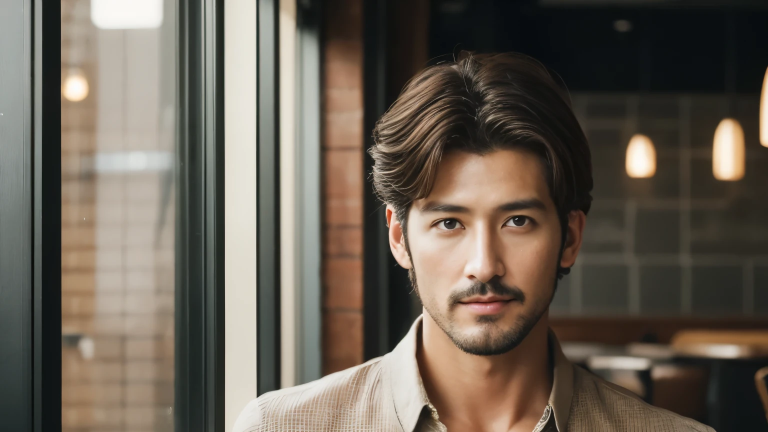 musician、A refreshing, handsome man in his 40s、(Super cool S-class boys)、Japanese male, 40 years old、、Photographed inside the cafe、a handsome guy、(CG Unity 8K high resolution photo)、(Very detailedSクラスのa handsome guy性)、(Photorealistic)、(highest quality))、Very detailed、super high quality、expensive、Audience、kind person、Very beautiful hair Perm Hair、Bright photo、Handsome like a model、Handsome like an idol、looking at the camera、Inside a stylish cafe、Stubble