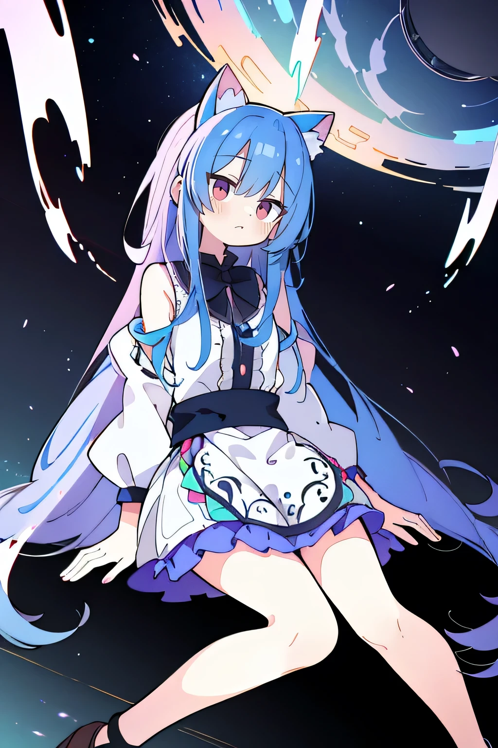 (best quality,4k,8k,highres,masterpiece:1.2),ultra-detailed,realistic,expressive eyes,fair-skinned,perfectly shaped face,1girl,
Japanese cartoons,Gorgeous blue hair, flowing blue hair,floating clothes,cat ears,petals falling,beautiful Lola,Hina Angel,
hands on waist,gracefully sitting on the ground,legs crossed,gentle and serene background,cool and comfortable pavilion,night ,smile. 1 girl with pale pink hair, long wavy hair, light blue eyes, black and white dress, galaxy, nebula, meticulous eyes, perfect full body shot, academy-style magic, upper-body image, confidence, bright stars.