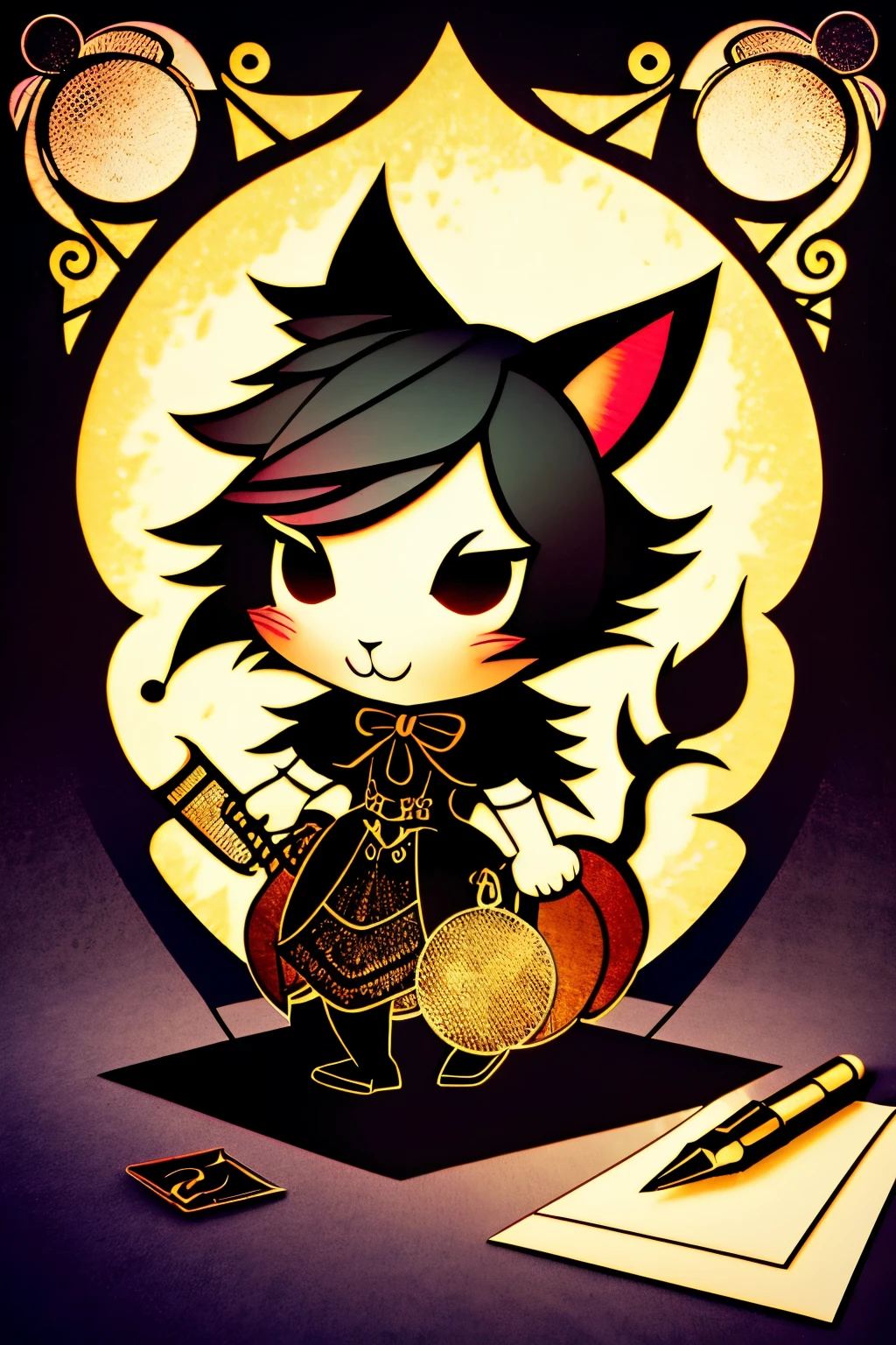 chibi, best quality, paper puppet theater, black paper shadow puppets, rabbit, cat, girl, background stained glass, steampunk, dieselpunk, clockpunk, Grimm, Andersen, Aesop