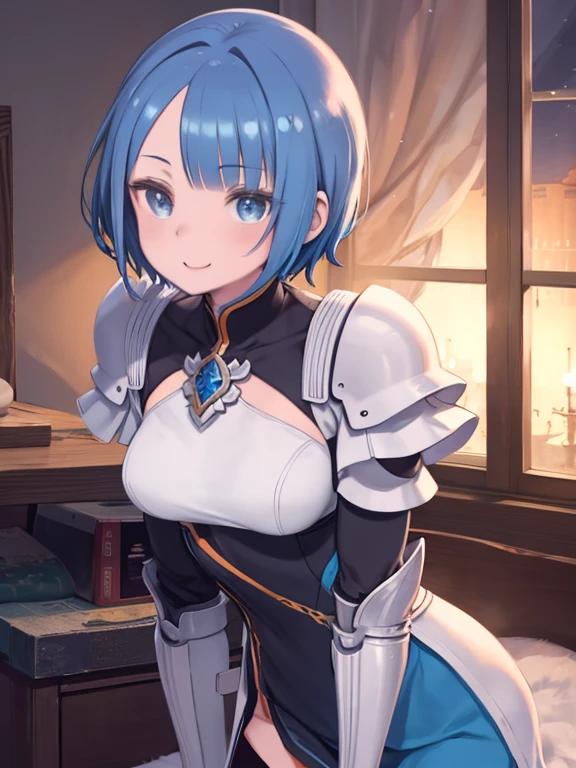 masterpiece, highest quality, Gwendolyn_Tennyson, Orange short hair, Side-swept bangs, blue hair clip, Laughter, Blue body armor