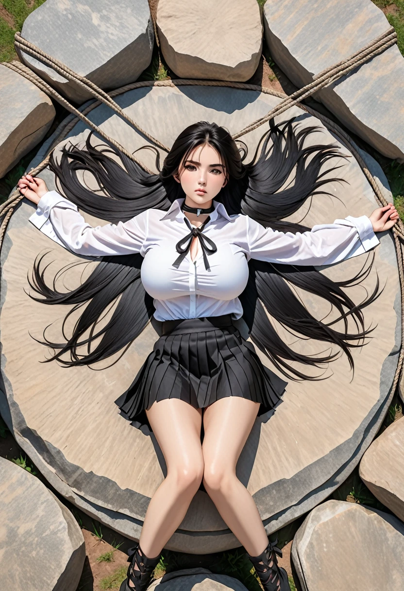 Italian girl, 25 years old, very long black hair, gigantic breasts, thin, wearing a torn white shirt and a black pleated miniskirt, she is lying on a stone of a megalithic circle, her arms and legs are spread apart and tied with ropes, she has a slave collar, top view