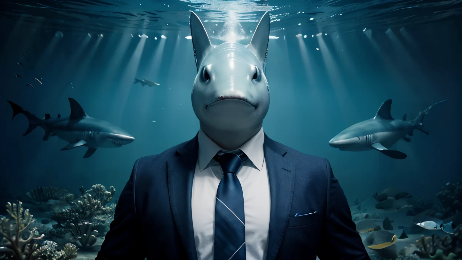 Create the image of a shark wearing a tie and suit. detailed images. wonderful. The shark sees the eyes and nose, the image is seen from the front, the eyes look straight, masculine. Behind is a picture under the sea, blue in color, with a school of fish or sea creatures swimming, very beautiful